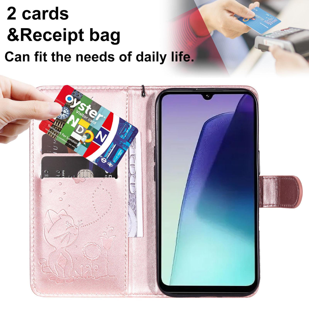 For Redmi 17C/14C 4G/A4 5G/Poco C75 5G Cat and Bee Embossed Flip Leather Phone Case - Rose Gold - EDA007111214E