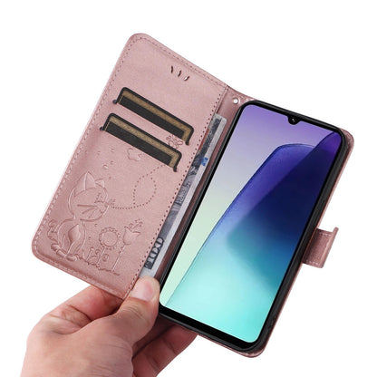 For Redmi 17C/14C 4G/A4 5G/Poco C75 5G Cat and Bee Embossed Flip Leather Phone Case - Rose Gold - EDA007111214E