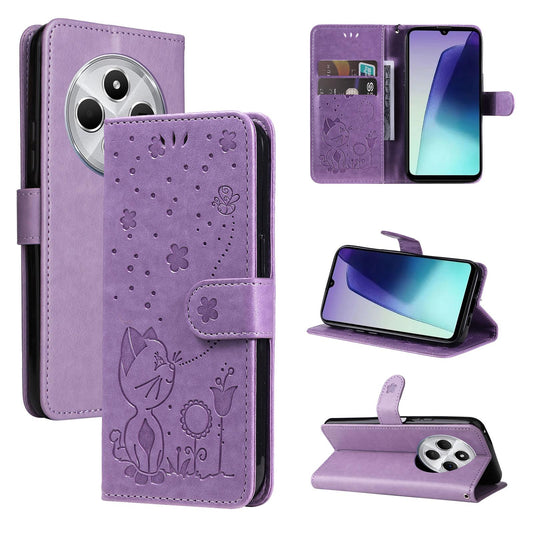 For Redmi 17C/14C 4G/A4 5G/Poco C75 5G Cat and Bee Embossed Flip Leather Phone Case - Purple - EDA007111214F