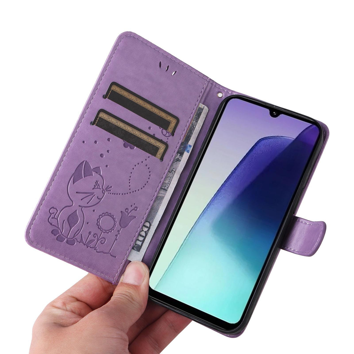 For Redmi 17C/14C 4G/A4 5G/Poco C75 5G Cat and Bee Embossed Flip Leather Phone Case - Purple - EDA007111214F