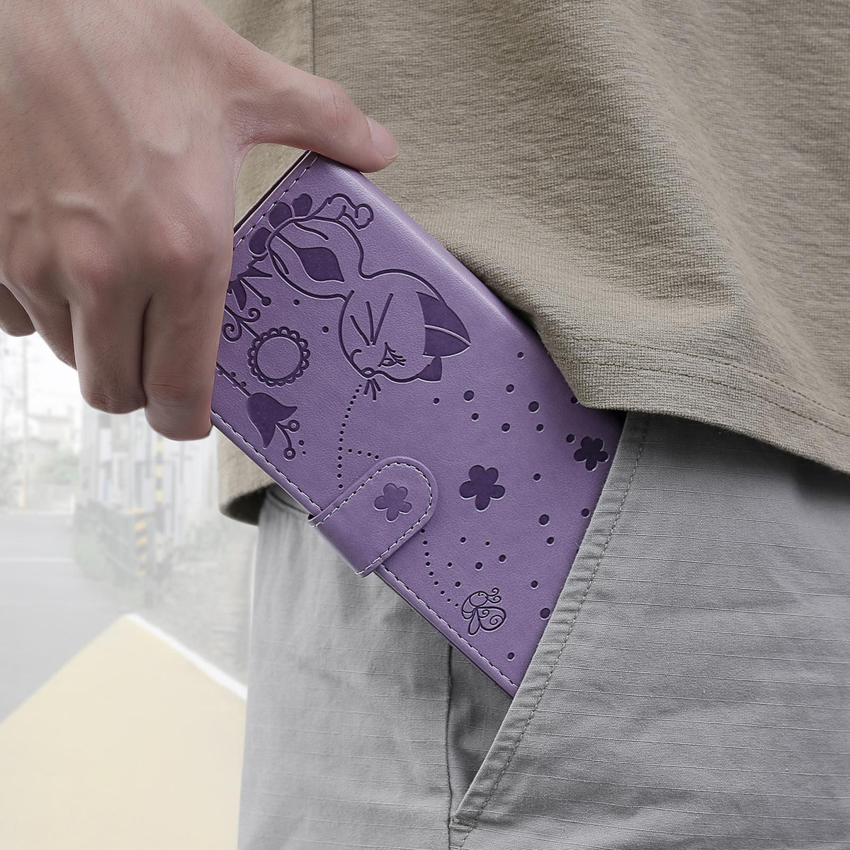 For Redmi 17C/14C 4G/A4 5G/Poco C75 5G Cat and Bee Embossed Flip Leather Phone Case - Purple - EDA007111214F