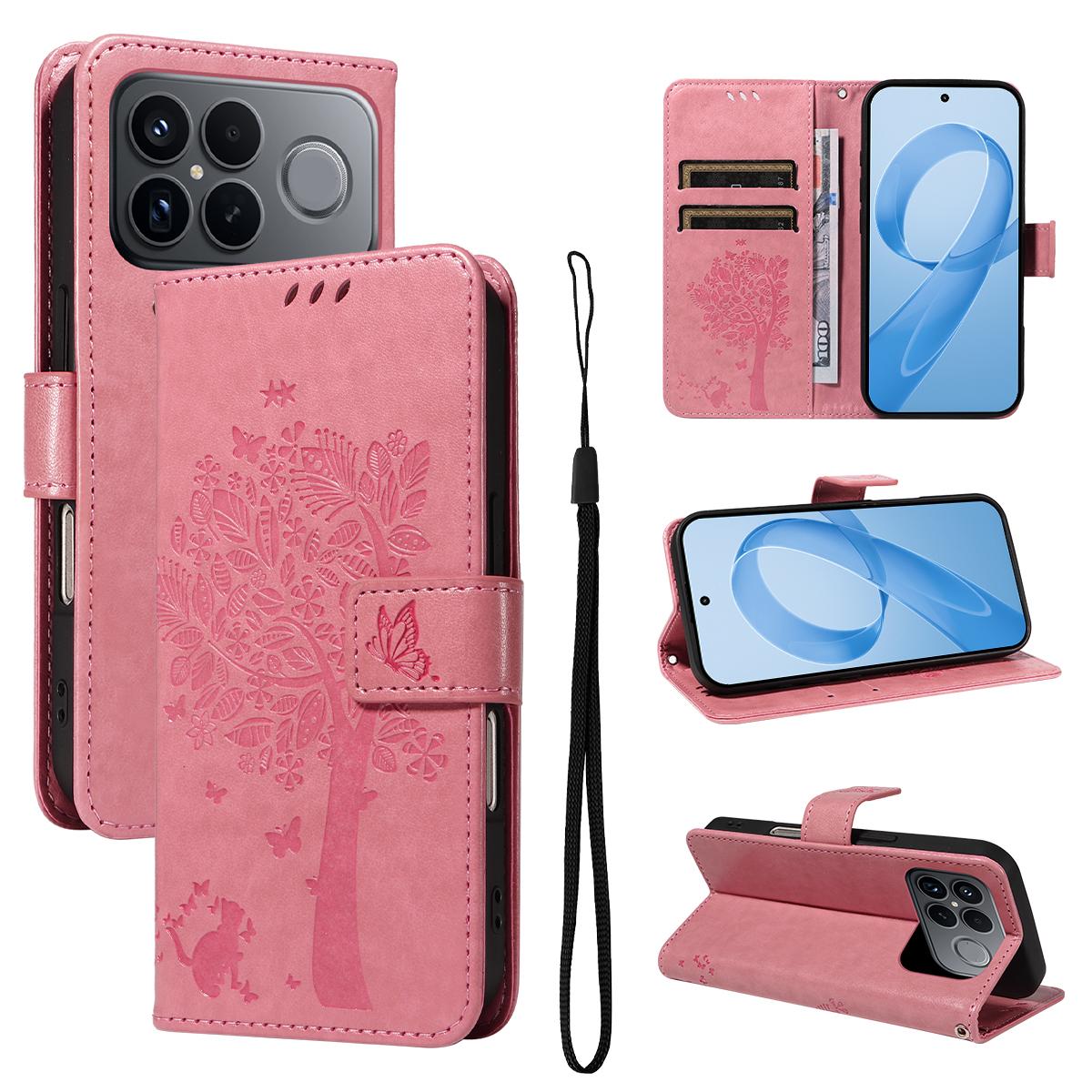 For Redmi K90 Pro Max/Poco F8 Ultra Tree & Cat Embossed Pattern Flip Leather Phone Case(Pink)