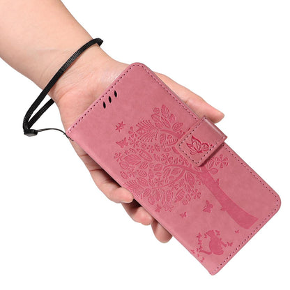 For Redmi K90 Pro Max/Poco F8 Ultra Tree & Cat Embossed Pattern Flip Leather Phone Case(Pink)