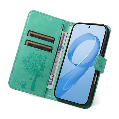 For Redmi K90 Pro Max/Poco F8 Ultra Tree & Cat Embossed Pattern Flip Leather Phone Case(Green)