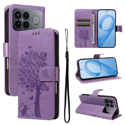 For Redmi K90 Pro Max/Poco F8 Ultra Tree & Cat Embossed Pattern Flip Leather Phone Case(Light Purple)