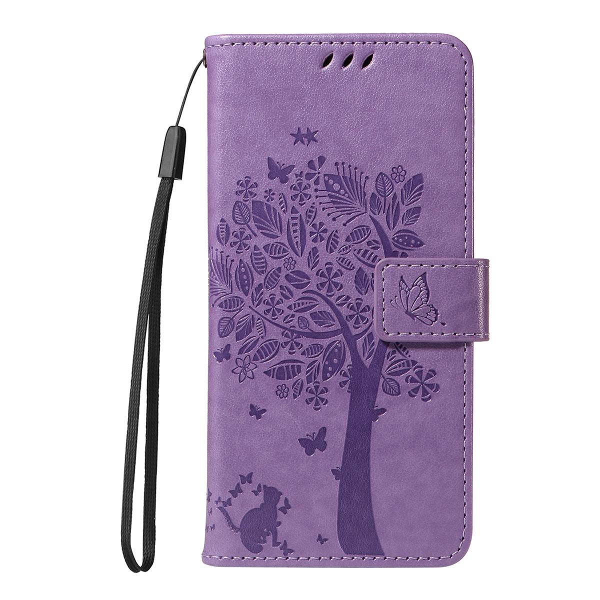 For Redmi K90 Pro Max/Poco F8 Ultra Tree & Cat Embossed Pattern Flip Leather Phone Case(Light Purple)