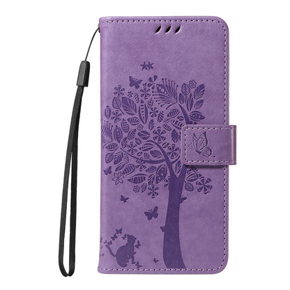 For Redmi K90 Pro Max/Poco F8 Ultra Tree & Cat Embossed Pattern Flip Leather Phone Case(Light Purple)