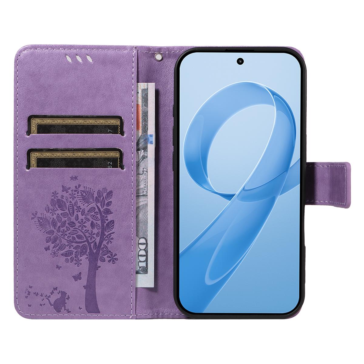 For Redmi K90 Pro Max/Poco F8 Ultra Tree & Cat Embossed Pattern Flip Leather Phone Case(Light Purple)