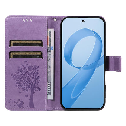 For Redmi K90 Pro Max/Poco F8 Ultra Tree & Cat Embossed Pattern Flip Leather Phone Case(Light Purple)