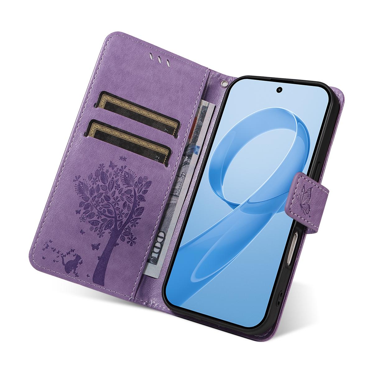 For Redmi K90 Pro Max/Poco F8 Ultra Tree & Cat Embossed Pattern Flip Leather Phone Case(Light Purple)