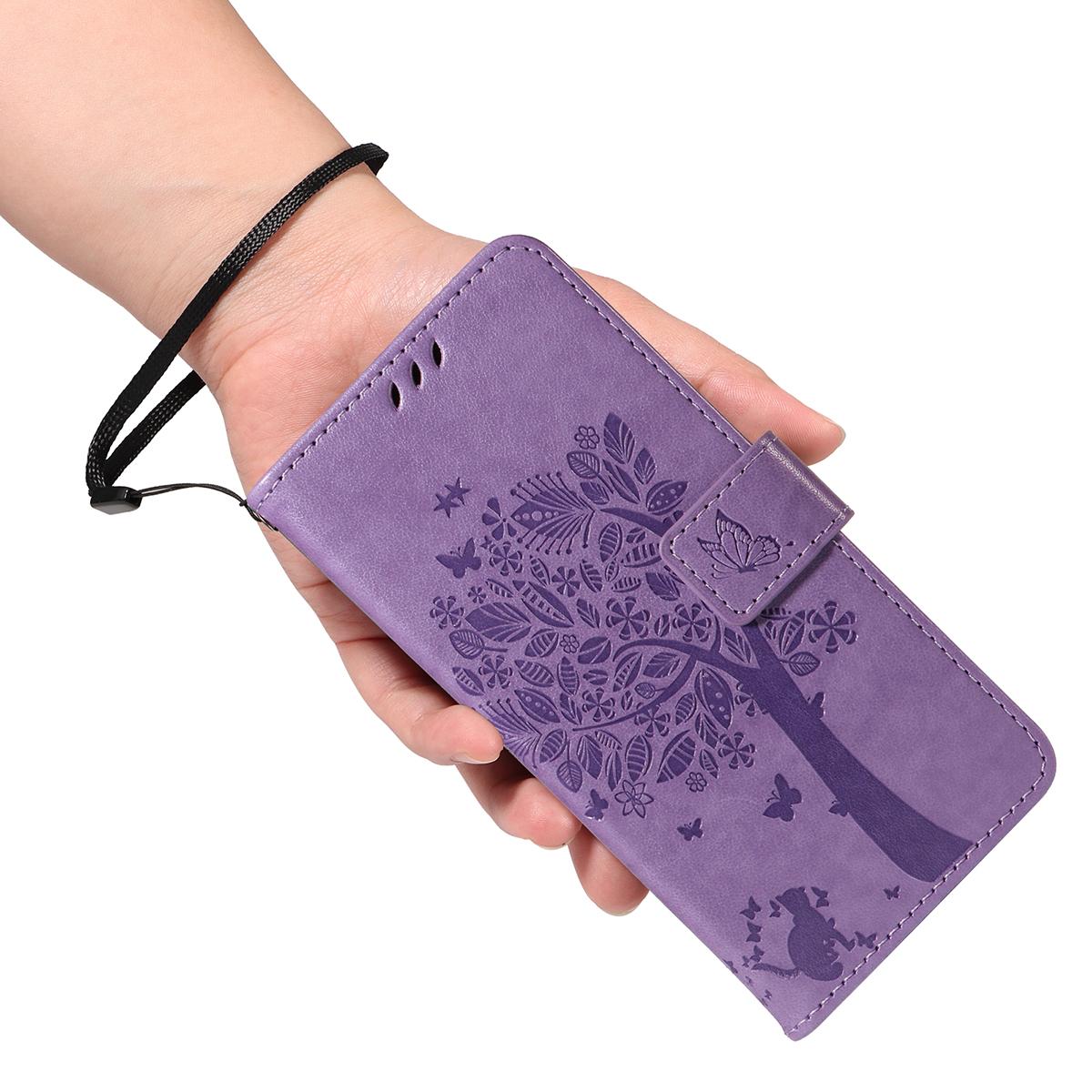 For Redmi K90 Pro Max/Poco F8 Ultra Tree & Cat Embossed Pattern Flip Leather Phone Case(Light Purple)