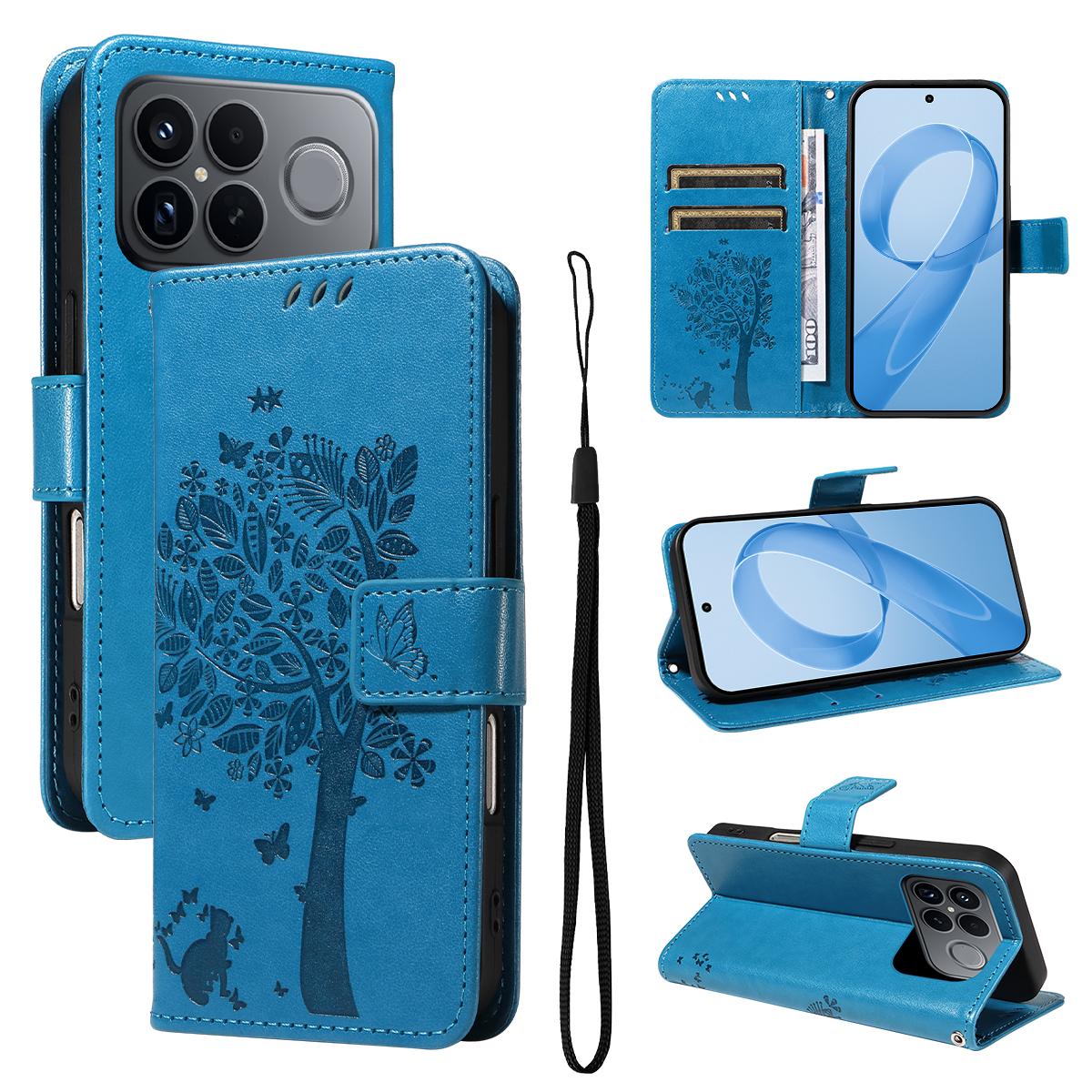 For Redmi K90 Pro Max/Poco F8 Ultra Tree & Cat Embossed Pattern Flip Leather Phone Case(Blue)