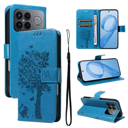 For Redmi K90 Pro Max/Poco F8 Ultra Tree & Cat Embossed Pattern Flip Leather Phone Case(Blue)