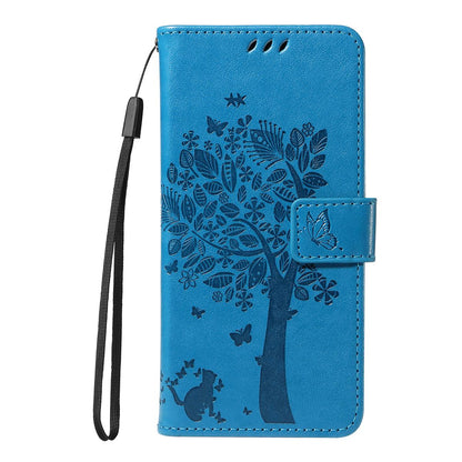 For Redmi K90 Pro Max/Poco F8 Ultra Tree & Cat Embossed Pattern Flip Leather Phone Case(Blue)