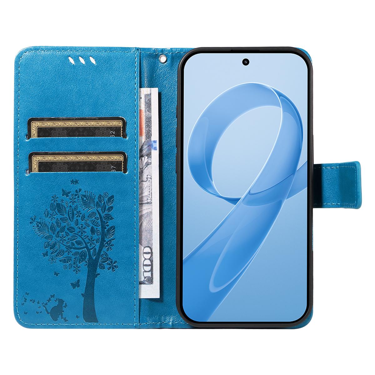 For Redmi K90 Pro Max/Poco F8 Ultra Tree & Cat Embossed Pattern Flip Leather Phone Case(Blue)