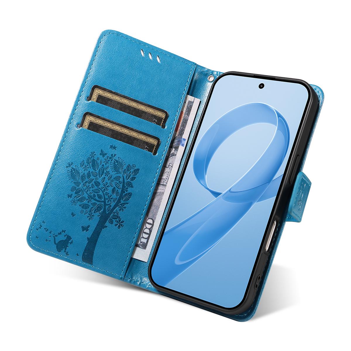 For Redmi K90 Pro Max/Poco F8 Ultra Tree & Cat Embossed Pattern Flip Leather Phone Case(Blue)