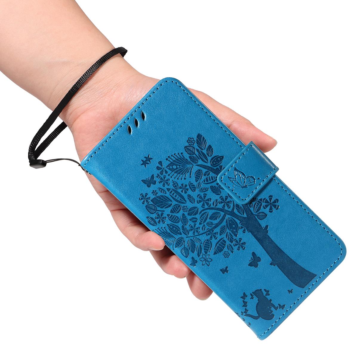 For Redmi K90 Pro Max/Poco F8 Ultra Tree & Cat Embossed Pattern Flip Leather Phone Case(Blue)