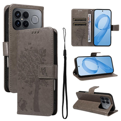 For Redmi K90 Pro Max/Poco F8 Ultra Tree & Cat Embossed Pattern Flip Leather Phone Case(Grey)