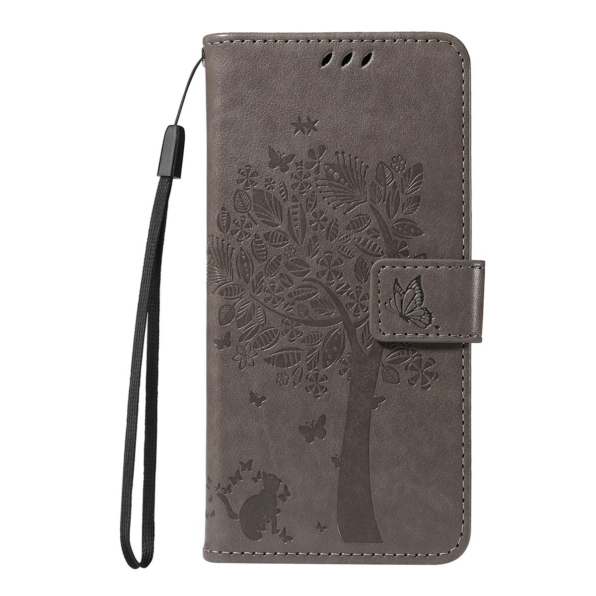 For Redmi K90 Pro Max/Poco F8 Ultra Tree & Cat Embossed Pattern Flip Leather Phone Case(Grey)