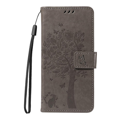 For Redmi K90 Pro Max/Poco F8 Ultra Tree & Cat Embossed Pattern Flip Leather Phone Case(Grey)