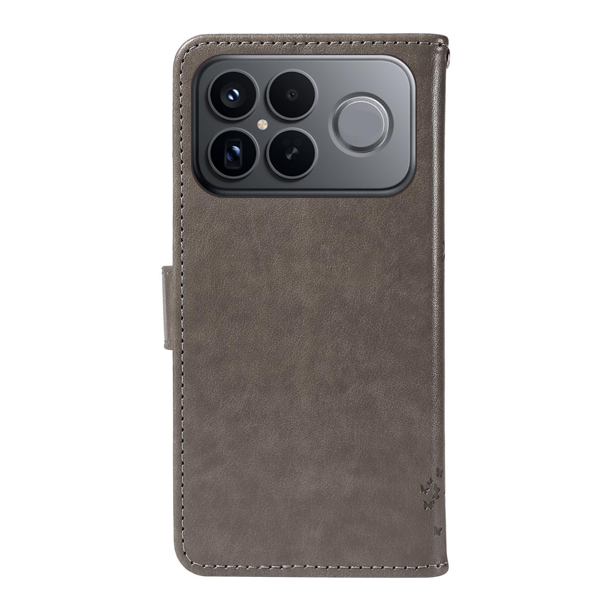 For Redmi K90 Pro Max/Poco F8 Ultra Tree & Cat Embossed Pattern Flip Leather Phone Case(Grey)
