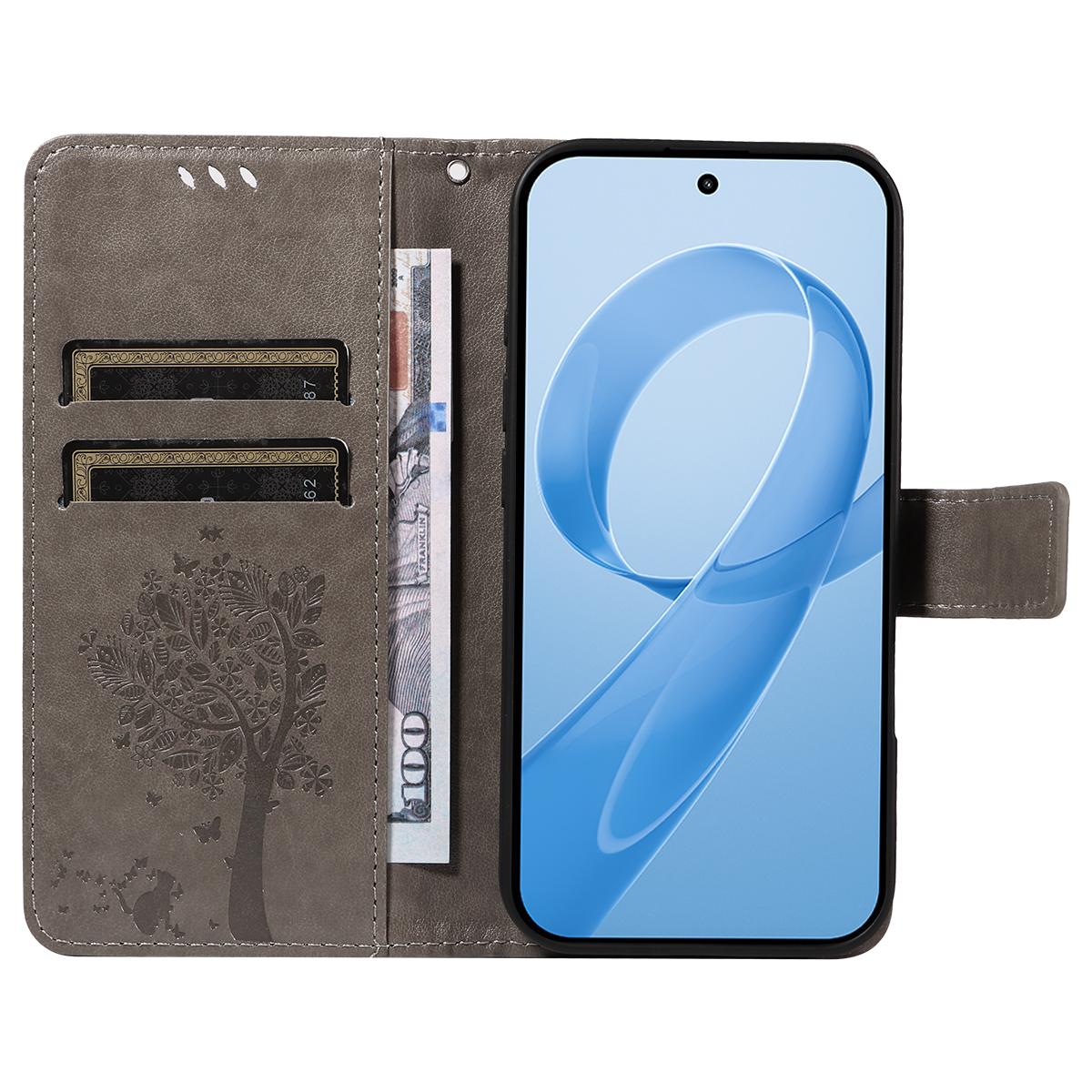 For Redmi K90 Pro Max/Poco F8 Ultra Tree & Cat Embossed Pattern Flip Leather Phone Case(Grey)