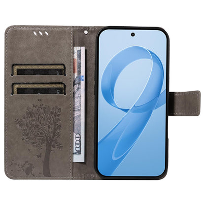 For Redmi K90 Pro Max/Poco F8 Ultra Tree & Cat Embossed Pattern Flip Leather Phone Case(Grey)