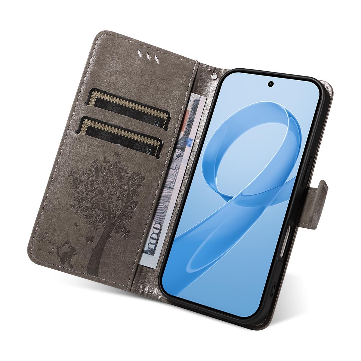 For Redmi K90 Pro Max/Poco F8 Ultra Tree & Cat Embossed Pattern Flip Leather Phone Case(Grey)