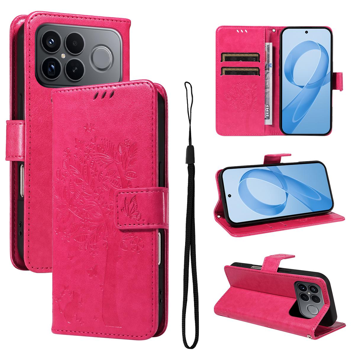 For Redmi K90 Pro Max/Poco F8 Ultra Tree & Cat Embossed Pattern Flip Leather Phone Case(Rose Red)