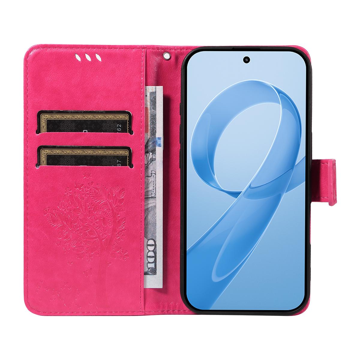 For Redmi K90 Pro Max/Poco F8 Ultra Tree & Cat Embossed Pattern Flip Leather Phone Case(Rose Red)