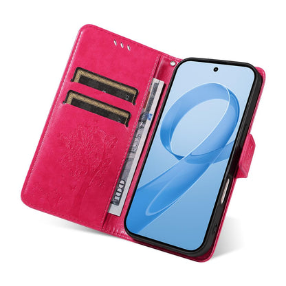 For Redmi K90 Pro Max/Poco F8 Ultra Tree & Cat Embossed Pattern Flip Leather Phone Case(Rose Red)