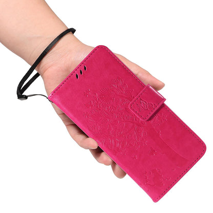 For Redmi K90 Pro Max/Poco F8 Ultra Tree & Cat Embossed Pattern Flip Leather Phone Case(Rose Red)