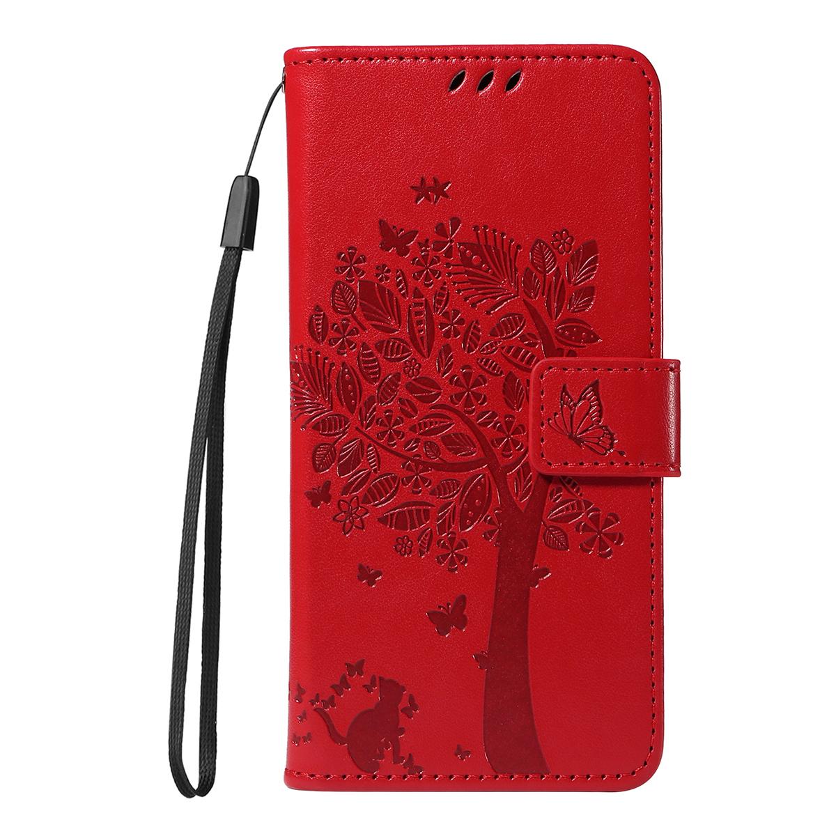 For Redmi K90 Pro Max/Poco F8 Ultra Tree & Cat Embossed Pattern Flip Leather Phone Case(Red)