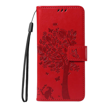 For Redmi K90 Pro Max/Poco F8 Ultra Tree & Cat Embossed Pattern Flip Leather Phone Case(Red)