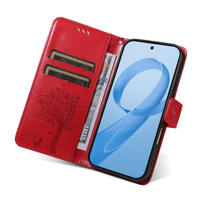 For Redmi K90 Pro Max/Poco F8 Ultra Tree & Cat Embossed Pattern Flip Leather Phone Case(Red)