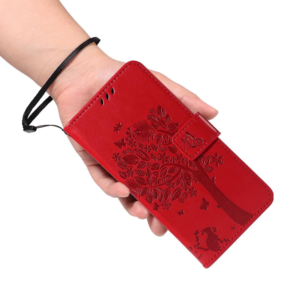 For Redmi K90 Pro Max/Poco F8 Ultra Tree & Cat Embossed Pattern Flip Leather Phone Case(Red)