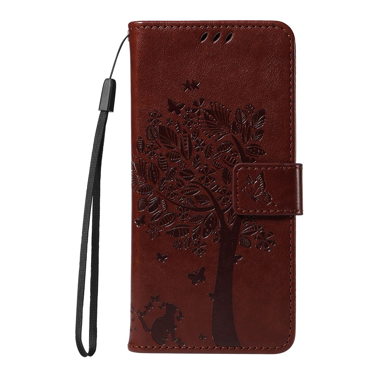For Redmi K90 Pro Max/Poco F8 Ultra Tree & Cat Embossed Pattern Flip Leather Phone Case(Coffee)