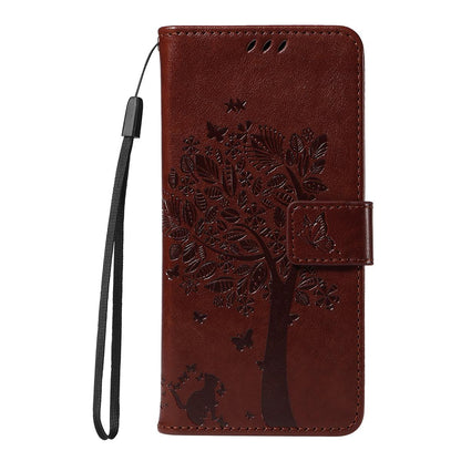 For Redmi K90 Pro Max/Poco F8 Ultra Tree & Cat Embossed Pattern Flip Leather Phone Case(Coffee)