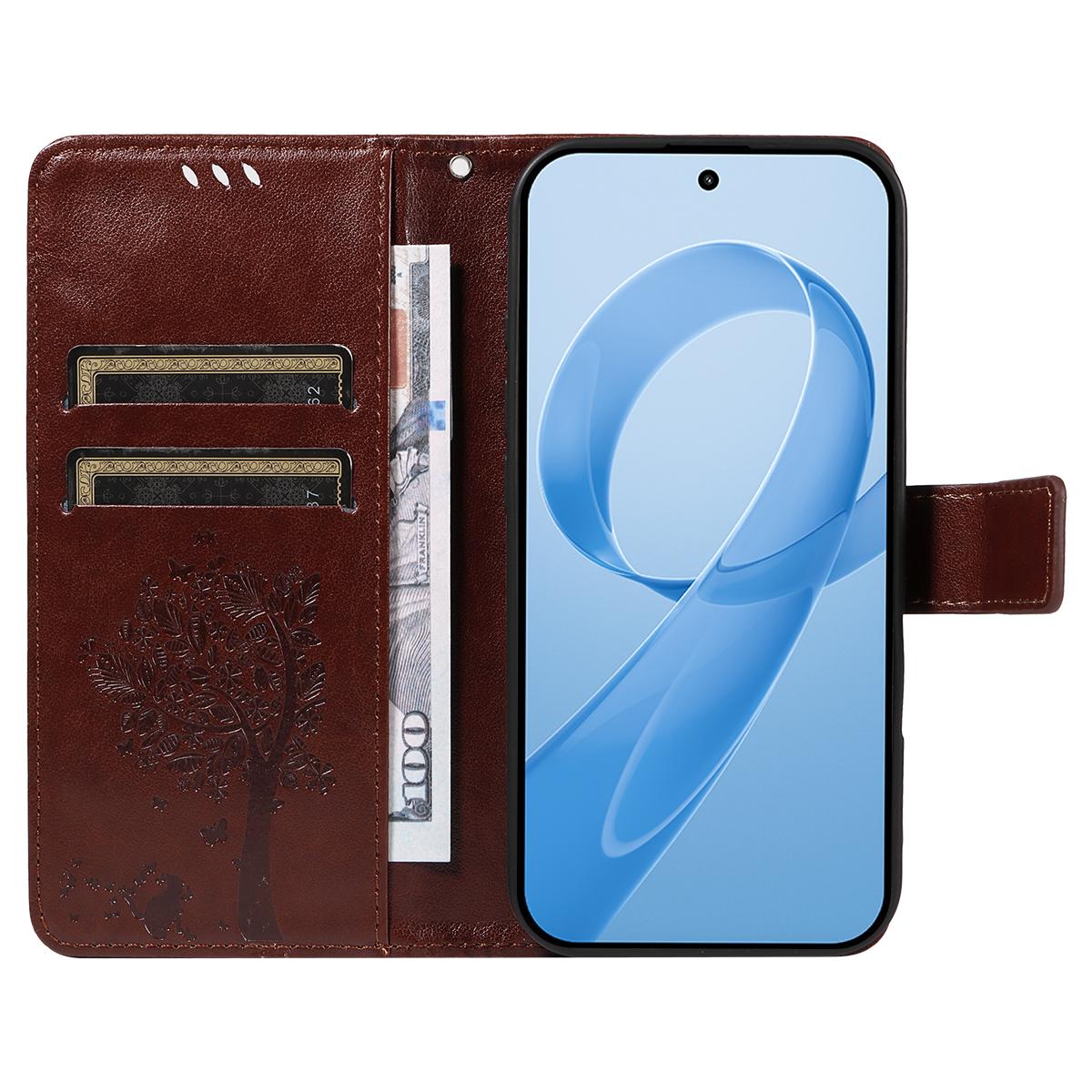 For Redmi K90 Pro Max/Poco F8 Ultra Tree & Cat Embossed Pattern Flip Leather Phone Case(Coffee)
