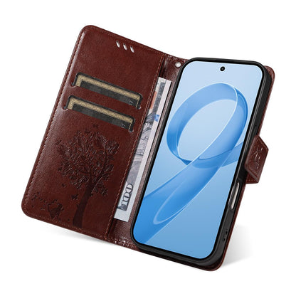 For Redmi K90 Pro Max/Poco F8 Ultra Tree & Cat Embossed Pattern Flip Leather Phone Case(Coffee)
