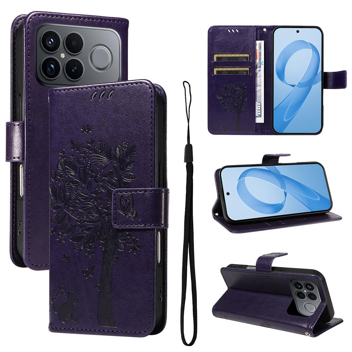 For Redmi K90 Pro Max/Poco F8 Ultra Tree & Cat Embossed Pattern Flip Leather Phone Case(Purple)