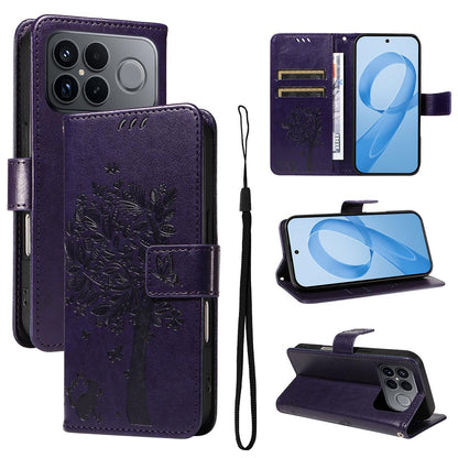 For Redmi K90 Pro Max/Poco F8 Ultra Tree & Cat Embossed Pattern Flip Leather Phone Case(Purple)