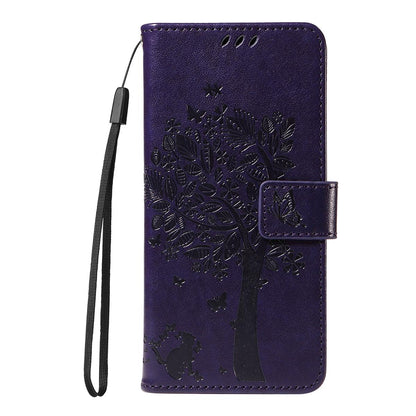 For Redmi K90 Pro Max/Poco F8 Ultra Tree & Cat Embossed Pattern Flip Leather Phone Case(Purple)