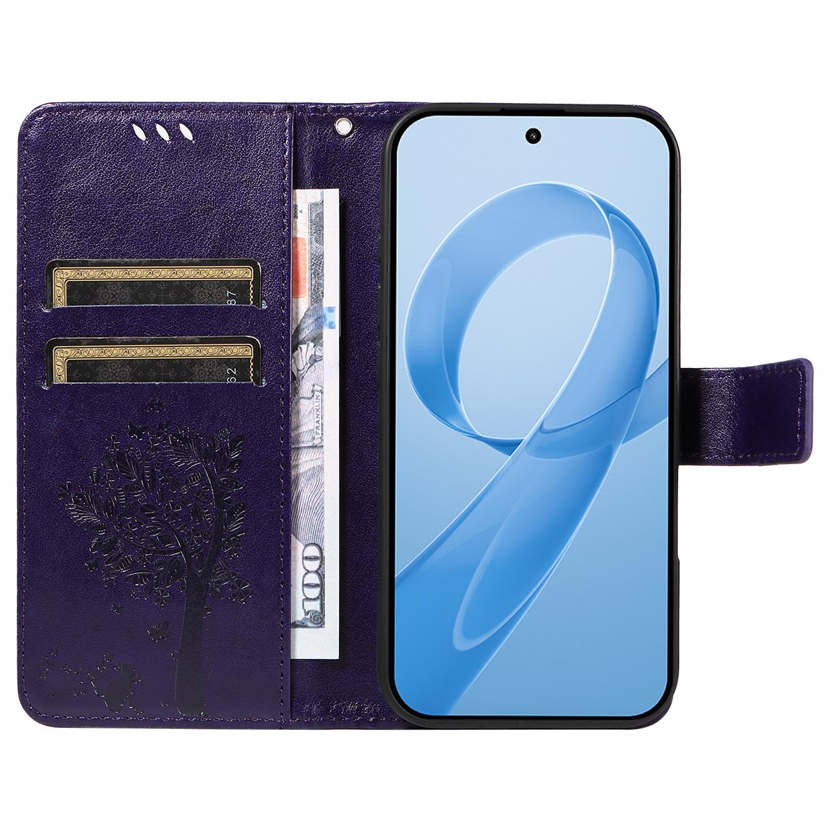For Redmi K90 Pro Max/Poco F8 Ultra Tree & Cat Embossed Pattern Flip Leather Phone Case(Purple)
