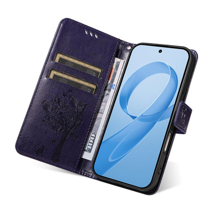 For Redmi K90 Pro Max/Poco F8 Ultra Tree & Cat Embossed Pattern Flip Leather Phone Case(Purple)