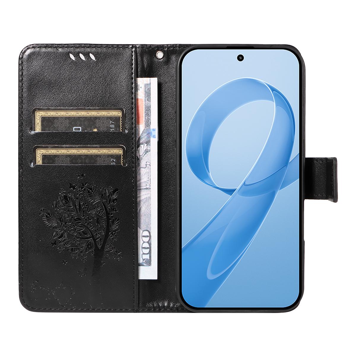 For Redmi K90 Pro Max/Poco F8 Ultra Tree & Cat Embossed Pattern Flip Leather Phone Case(Black)