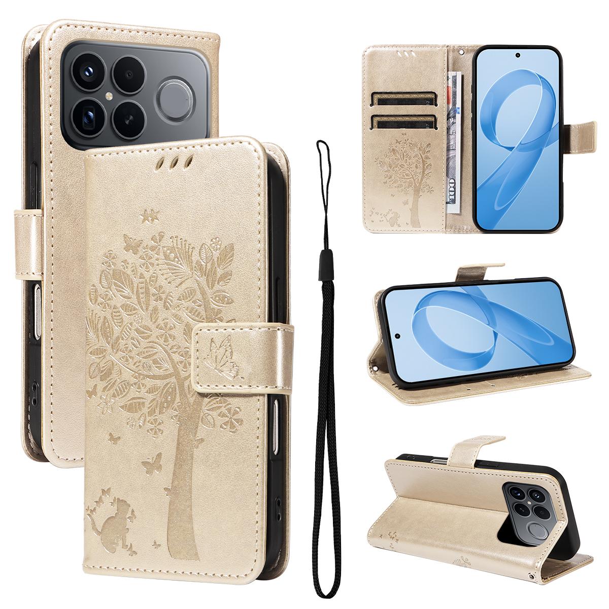 For Redmi K90 Pro Max/Poco F8 Ultra Tree & Cat Embossed Pattern Flip Leather Phone Case(Gold)
