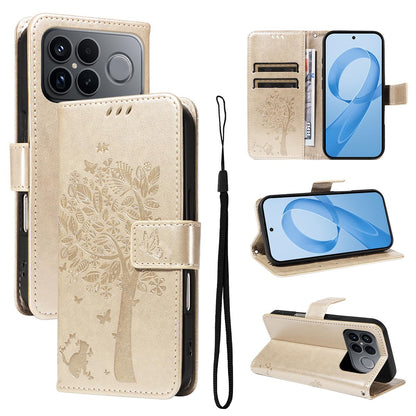 For Redmi K90 Pro Max/Poco F8 Ultra Tree & Cat Embossed Pattern Flip Leather Phone Case(Gold)