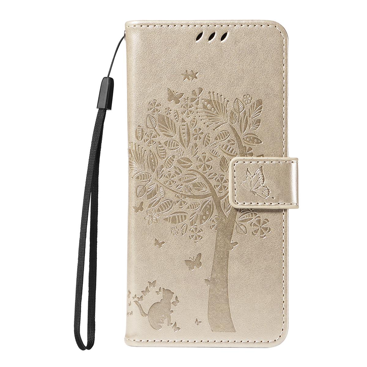For Redmi K90 Pro Max/Poco F8 Ultra Tree & Cat Embossed Pattern Flip Leather Phone Case(Gold)