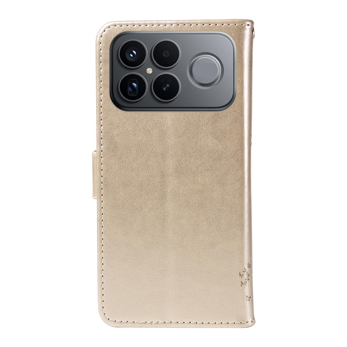 For Redmi K90 Pro Max/Poco F8 Ultra Tree & Cat Embossed Pattern Flip Leather Phone Case(Gold)